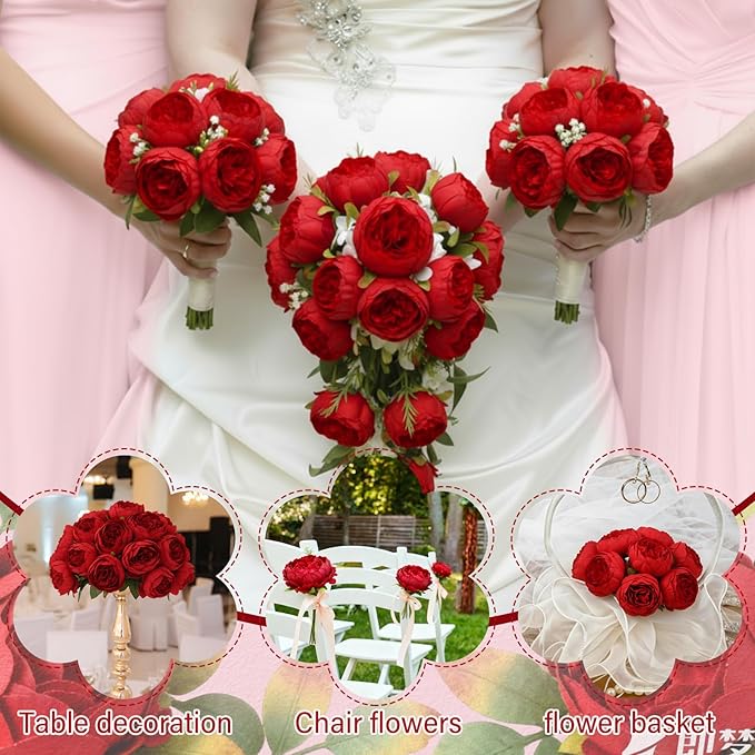 50 Pcs Artificial Peony Flower Bulk 3.5 Inch Silk Peony Flowers Heads with Stems Realistic Fake Roses for DIY Wedding Party Craft Bridal Bouquets Table Centerpieces Vase Home Decor(Red)