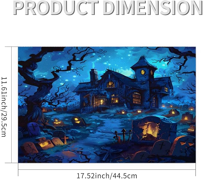 Halloween Castle Scary Blue Placemats Set of 6 PVC Vinyl Non Slip Table Mats Heat Resistant Place Mats Washable Wipeable Dining Table Mat for Kitchen Decor Party Indoor Outdoor Decorative Gift