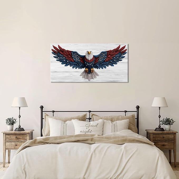 Bald Eagle Canvas Wall Art American Eagle Wall Décor -American Bald Red Blue Flag Canvas Wall Art Usa Independence Day Prints Painting Ready to Hang for Living Room, Bedroom, Office, Dorm '40L" x 20W"