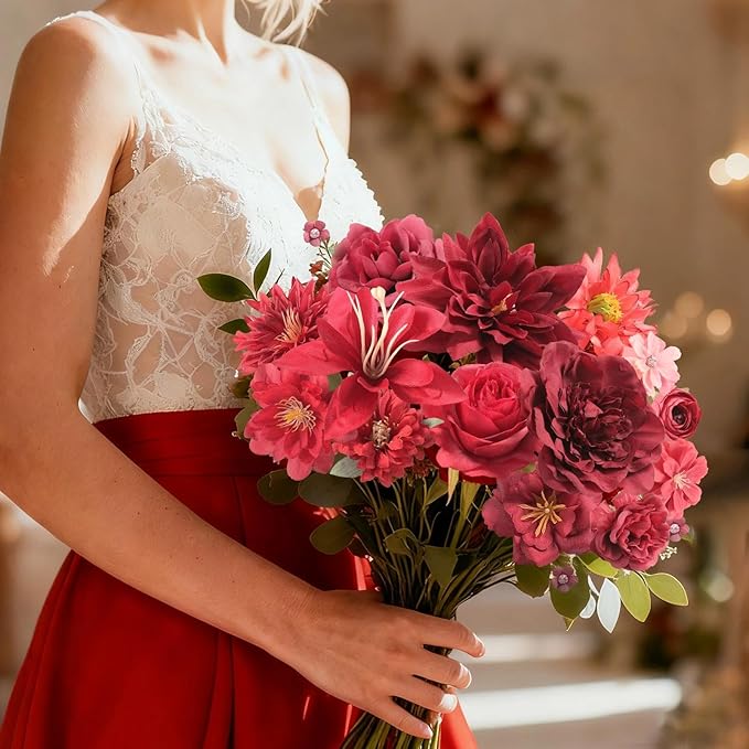 Artificial Flowers Heads Combo Red Flowers Mix Silk Flowers Heads Bulk Faux Rose for Craft Garland Graduation Cap Wedding Bridal Baby Shower Home Party Decoration DIY Cake Decor