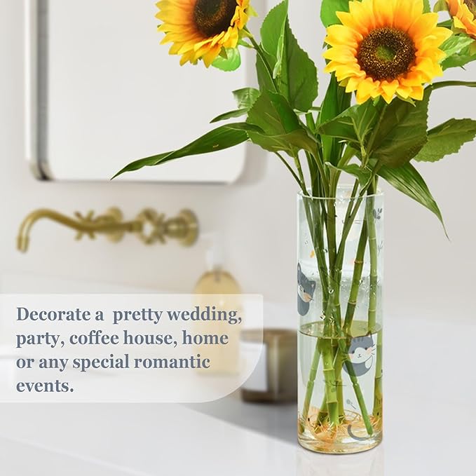 Flower Vase Clear Plastic Cylinder Vases Decor for Centerpieces Home Storage Office Weddings Cute Colorfl Cartoon Cats Light Blue 11.8 x 3.9 in