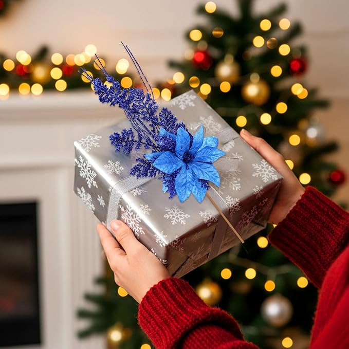 18 Pack 3 Styles 17 Inch Christmas Glitter Poinsettia Berry Stems Ornaments Artificial Floral Branches Picks for Christmas Tree Home Vase Holiday Party Decor(Royal Blue)