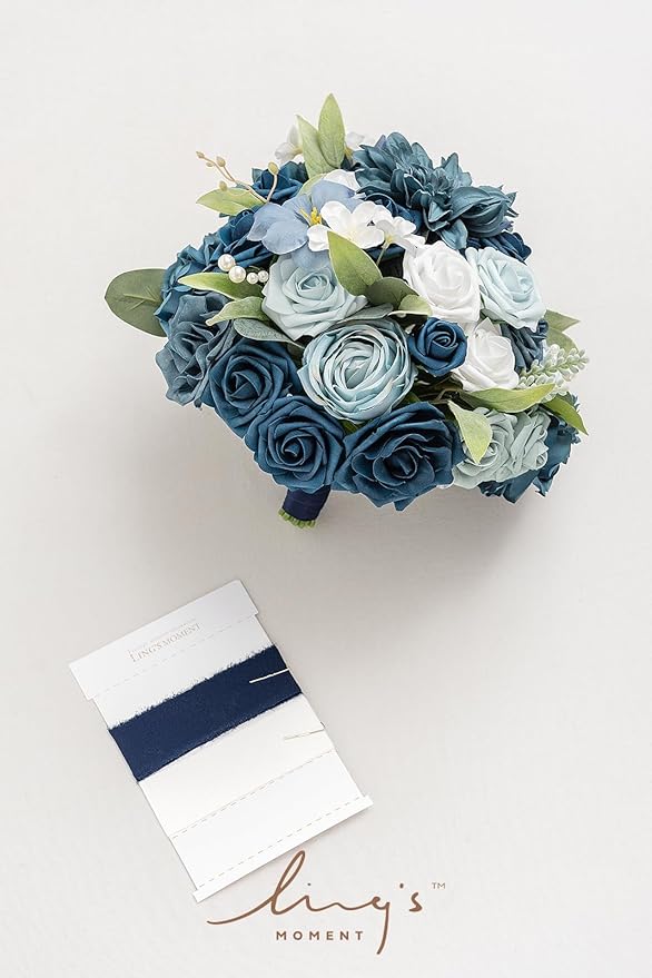 Ling's moment Navy Blue Bridal Bouquet for Bride, Blue Wedding Bouquets for Bride, 13 Inch Silk Round Artificial Wedding Flowers Bouquets