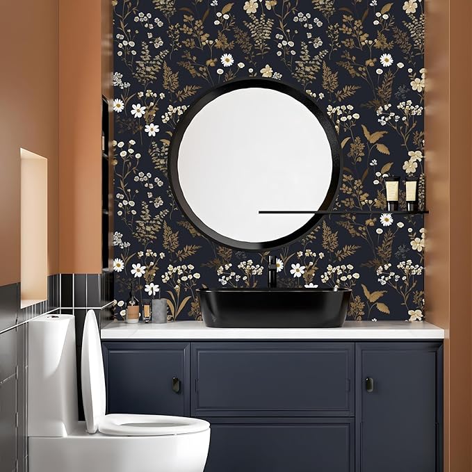 Dark Floral Wallpaper Peel and Stick 17.5in x 393in Navy Gold Leaf Wallpaper Vinyl Waterproof Self-Adhesive Boho Botanical Wall Paper Black Decor for Bathroom Bookcase Bedroom Cabinet