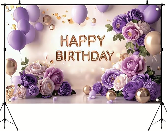 Purple Gold Happy Birthday Backdrop Banner Elegant Flowers Balloons Photography Background Glitter Birthday Decorations for Women Girls Party Supplies Photo Booth Props 71x43 Inch