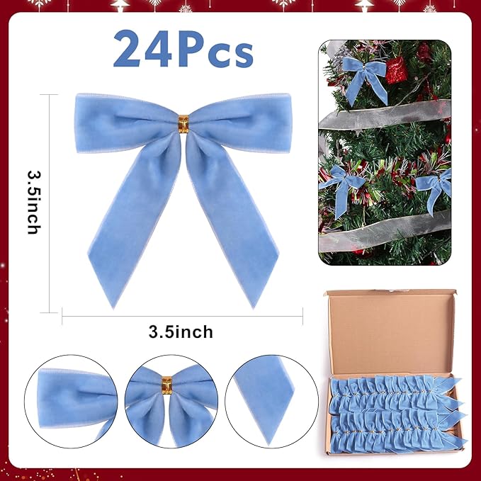 24 Pcs Light Blue Small Velvet Christmas Bows for Christmas Tree, Wreath, Gift Wrapping, Crafts, Wedding, Party, Twist Tie Bows for Treat Bag Bakery Candy Bags, Home Decor 1"W,3.5 x 3.5 inch