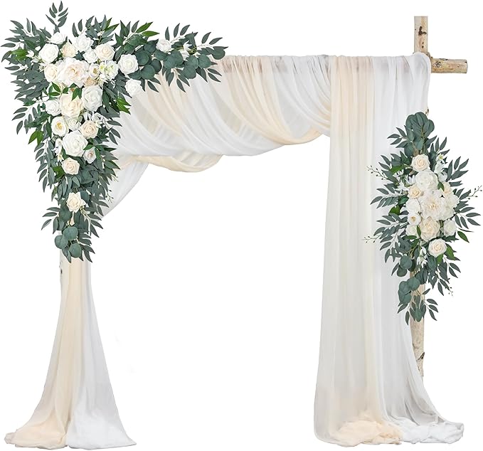 Ting's time Artificial Wedding Arch Flowers Kit(Pack of 4) 2pcs Large Artificial Flower Swags with 2pcs Draping Fabric for Wedding Party Ceremony Decoration(White)