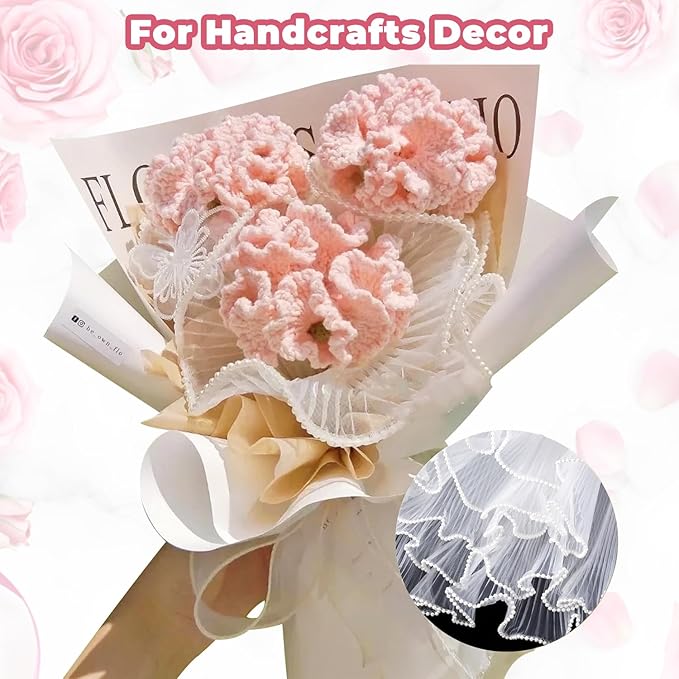 Cftone 4 Yards Pearl Edge Flower Wrapping Mesh Paper with 3/5 inch Organza Ribbon 50 Yard Gift Wrap Ribbon, Bouquet Transparent Mesh Wrapping Paper for Mother's Day Valentine's Day Wedding Graduation Birthday Gift (Champagne Pink with 50 Yard Pink Ribbon)