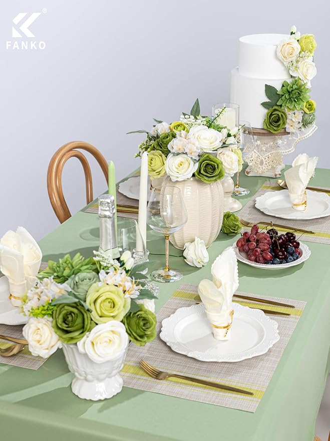 FANKO Artificial Flowers Green Rose, Mixed Silk Fake Flowers Combo Cream White Rose Green Dahlia Vintage Assorted Blooms for DIY Wedding Bridal Bouquets/Centerpieces/Home Decor