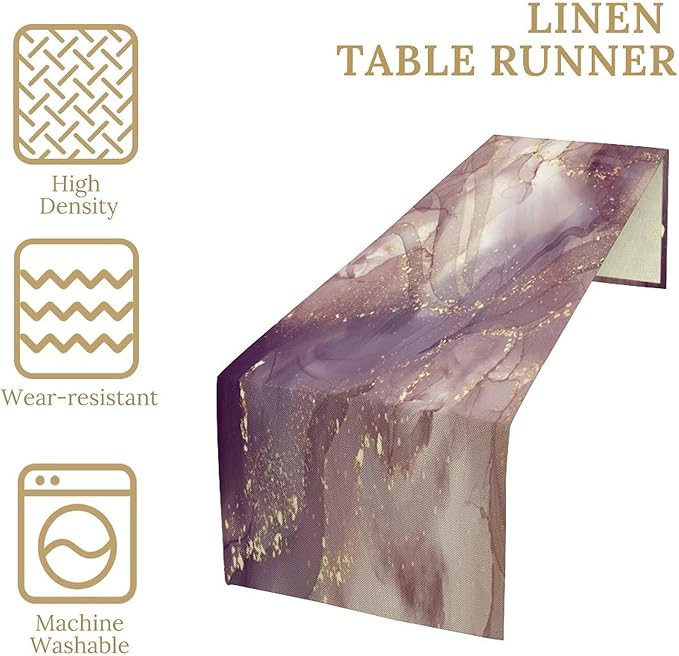 Pink Marble Table Runner Purple Maroon Gold Veins Unique Ombre Abstract Modern Luxury Ink Texture Seasonal Dinner Runner Table Decoration for Home Kitchen Dining Holiday Party 13x60in