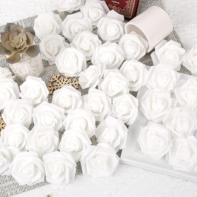 IPOPU 100 Pcs Artificial Rose Flower Heads Real Looking White Foam Fake Roses for DIY Wedding Baby Shower Centerpieces Arrangements Party Tables Home Decorations (White 1, Stemless)