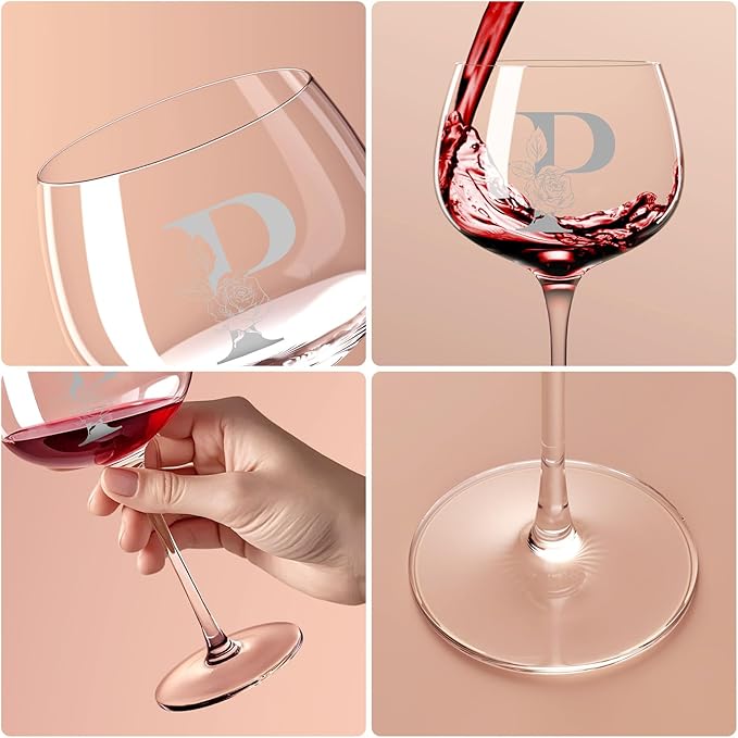 Personalized Gifts for Women, Monogrammed A-Z Wine Glass Customized Gift, Unique Christmas Birthday Gifts for Women Her Mom Friend Sister Wife Daughter Nurse (P)