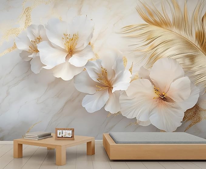 White Flowers Marble Wall Mural, Luxury Floral 3D Wall Murals, Elegant Gold Leaf Design Wallpaper Mural, for Living Room Bedroom Large Wallpaper Indoor Decor 137.8" W x100 H