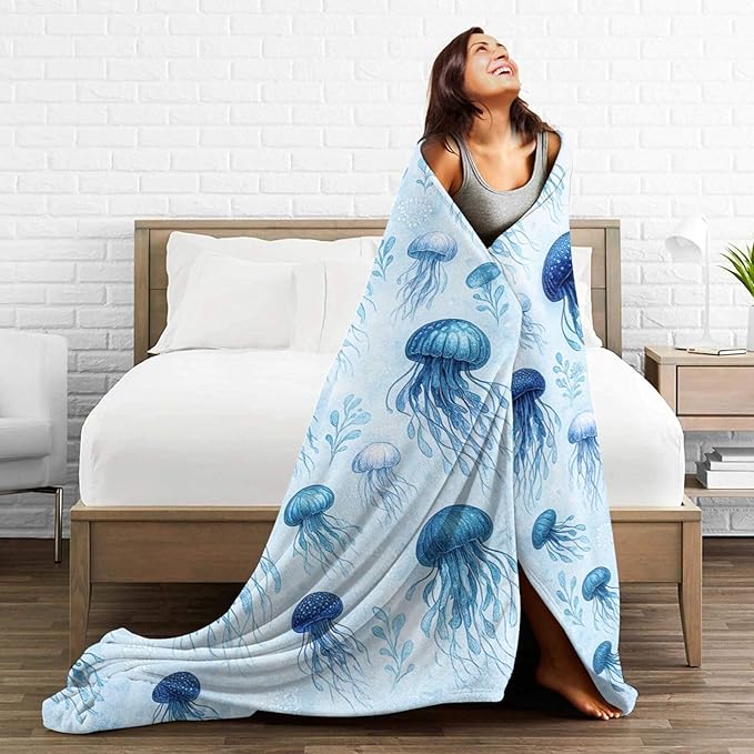 Jellyfish Blanket Marine Life Throw Blanket Blue Ocean Sea Soft Cozy Fleece Sealife Fuzzy Stuffed Plush Animal Flannel Gifts for Girls Women Boys Kids Adults 60"X80"