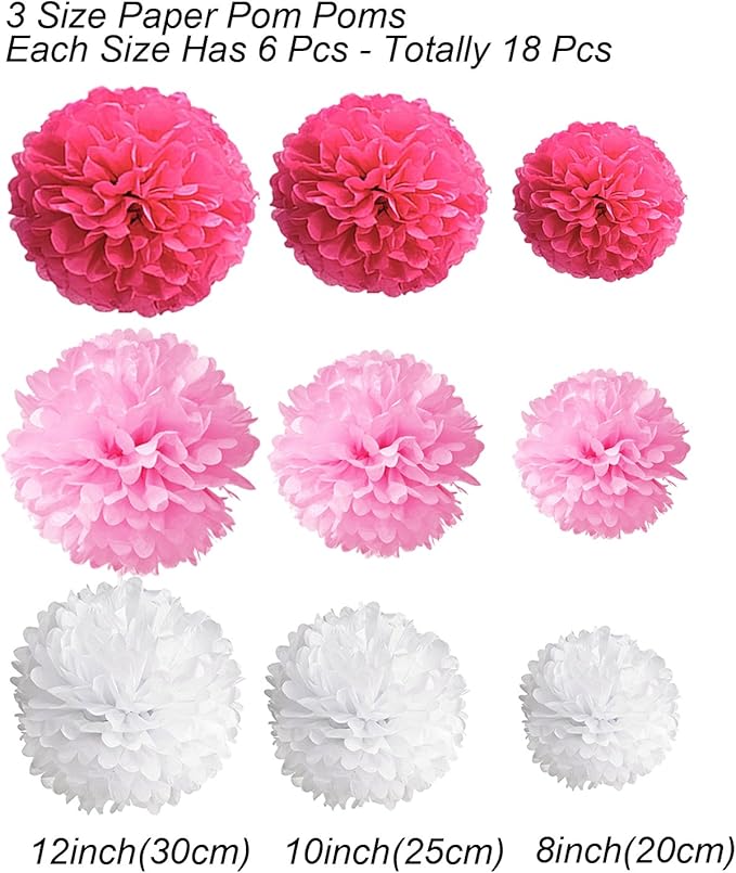 Tissue Paper Pom Poms, Recosis Paper Flower Ball for Birthday Party Wedding Baby Shower Bridal Shower Festival Decorations, 18 Pcs - Rose Red, Pink and White