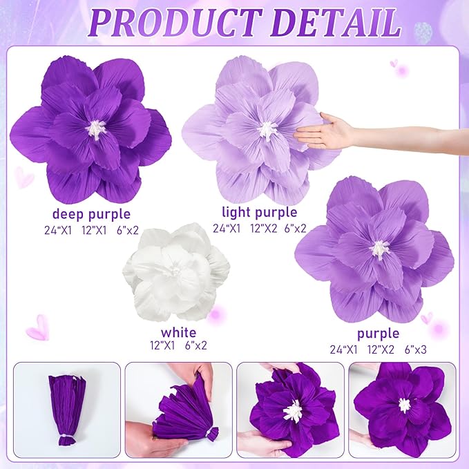 Giant Paper Flowers Artificial Large Paper Flower Decoration for Handcrafted Wall Backdrop Christmas Mexican Wedding Graduation Bridal Shower Birthday Party Supplies(Purple Gradient,18 Pcs)