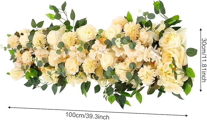 TFCFL Artificial Flowers Row, 39.5" X 12" Wedding Arch Faux Floral Swags, 3D Flower Panels Arrangement, DIY Wall Backdrop for Wedding Party Table Runner Decoration (Champagne)