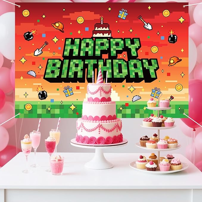 Pixel Theme Birthday Backdrop, 150x100cm/5x3ft Polyester Pre-Drilled Video Game Happy Birthday Banner Backdrop for Boys Girls Themed Party Favors & Decor Supplies