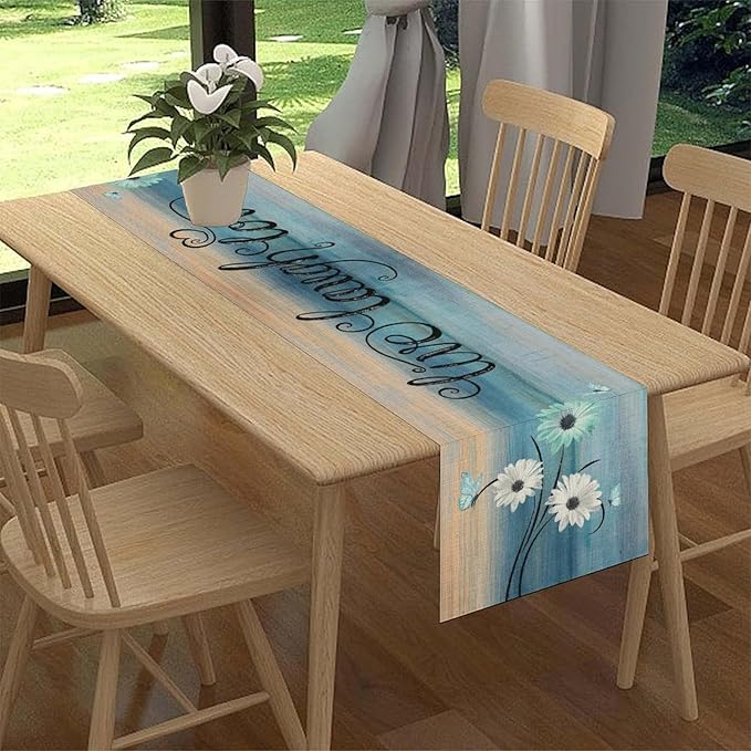 Daisy Table Runner, Vintage Blue Style Wild Flower Table Decor for Home Kitchen Dining Patio Holiday Party Indoor Outdoor Table Decorations 13x90 inch