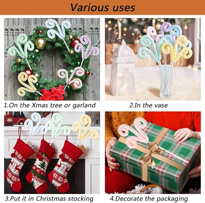 5Pcs/Set Macaron Color Christmas Tree Picks Pastel Candy Shape Christmas Tree Topper 14.5” Christmas Curly Picks with Gitter Sequins Ornaments for Home Xmas Tree Vase Garland Holiday Party Decor