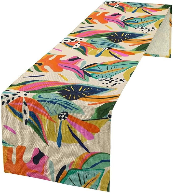 Colorful Flower Table Runner,Abstract Flower Blossom Botanical Pattern Print Tablecloth Burlap for Hotel Indoors Outdoor Dining Room Kitchen Table Decor, 13x60in