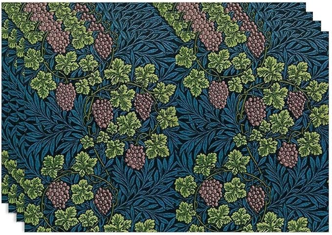 William Morris Vintage Botanical Placemats Set of 4, Retro Grapes Vines Flower Boho Plant Place Mats, Heat Resistant Non Slip Cotton Linen Dining Table Mats for Home Kitchen Party 18x12 Inch