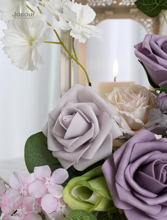 50pcs Artificial Flower，Real Touch Foam Roses w/Stem DIY for Wedding Bouquet Centerpieces Party Shower Home Decor-Violet Lavender Purple