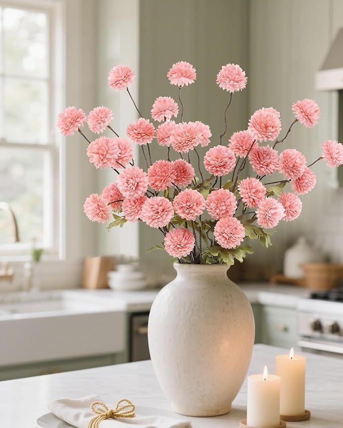 DuHouse 6pcs Artificial Flowers Faux Silk Pompon Mum,Silk Small Mini Chrysanthemum Ball with Stems for DIY Bouquets Centerpieces Vase Home Table Kitchen Decorations(Blush)
