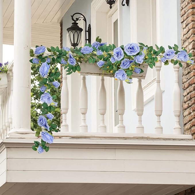 TELDRASSIL 4Pcs(26 FT) Artificial Rose Vine Fake Flower Garland Fake Silk Rose Hanging Vine for Wedding Party Background Arch Garden Background Decoration (Blue)