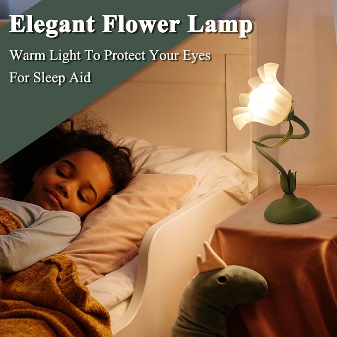 Flower Table Lamp, 3 Level Brightness Vintage Flower Reading Light with E26 Bulb, Cute Desk Lamp Bedside Lamps Lily Lamps for Nightstands Living Room Bedroom Ambient Lighting Home Decor, Metal Base