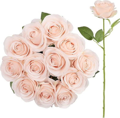 12pcs Roses Artificial Flowers Pink Fake Roses Flowers with Long Stems Silk Flowers for Wedding Bouquet Centerpices Decorations Party Bridal Baby Shower Home Decor