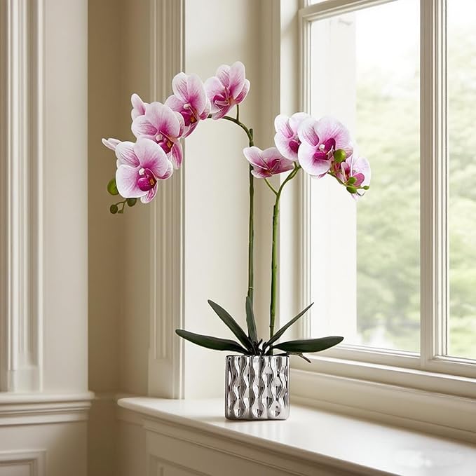 Artificial Orchid with Silver Vase, 20 Inch Purple Heart White Flowers, Indoor Home Decor