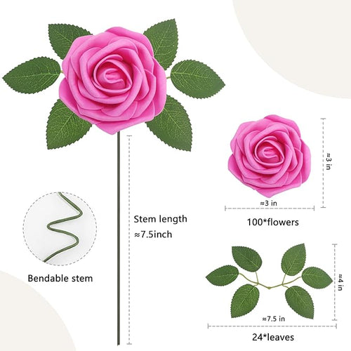 100Pcs Artificial Flowers Hot Pink Roses Real Looking Foam Fake Roses with Leaves and for DIY Wedding Bouquets Bridal Shower Centerpieces Party Decorations (Hot Pink, 100)