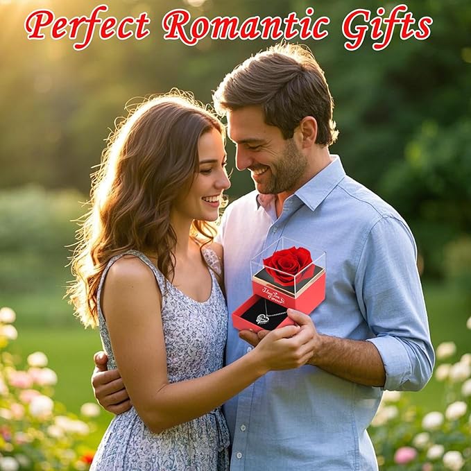 Preserved Roses Flowers Gifts for Mom: Red Real Rose with Necklace for Women Wife Grandma Daughter Sister