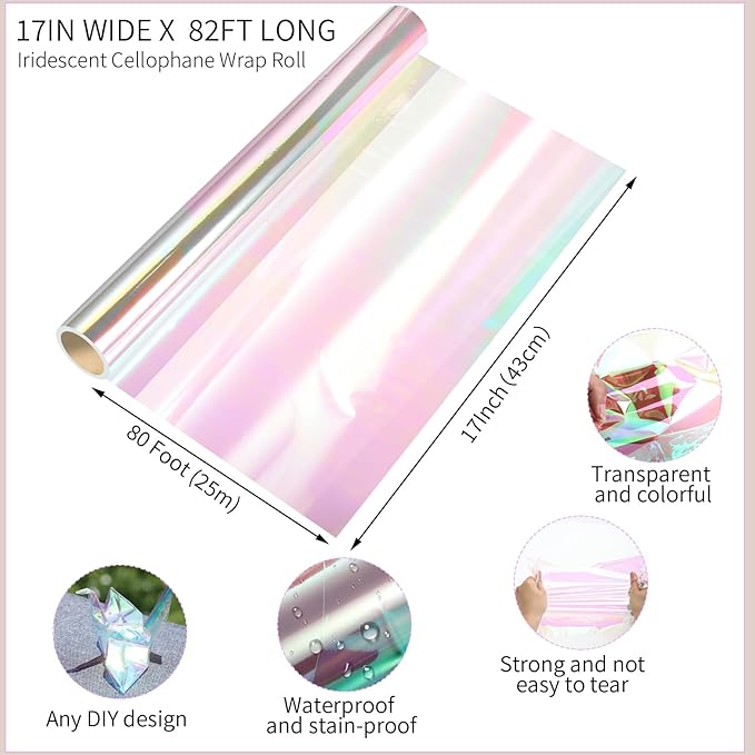 woric 82 Ft X 17 In Cellophane Wrap for Gift Baskets Christmas Iridescent Cellophane Wrap Roll Gift Basket Wrapping Plastic for Gifts Basket Treats Party Favor Birthday Wedding Crafts