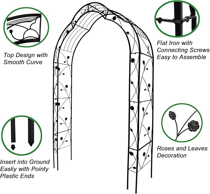 Metal Garden Arch, Assembly Garden Arbor Trellis Climbing Plants Support Rose Arch Outdoor Wedding Arch Party Events Archway (W59'' x H98.4'', Black)