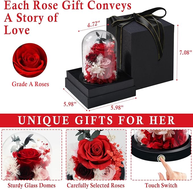 FIACO Preserved Flowers Christmas Rose Gifts for Women, Birthday Gifts Eternal Rose in Glass Dome Long-Lasting Real Forever Flowers Gifts for Mom Grandma Wife Girlfriend Red