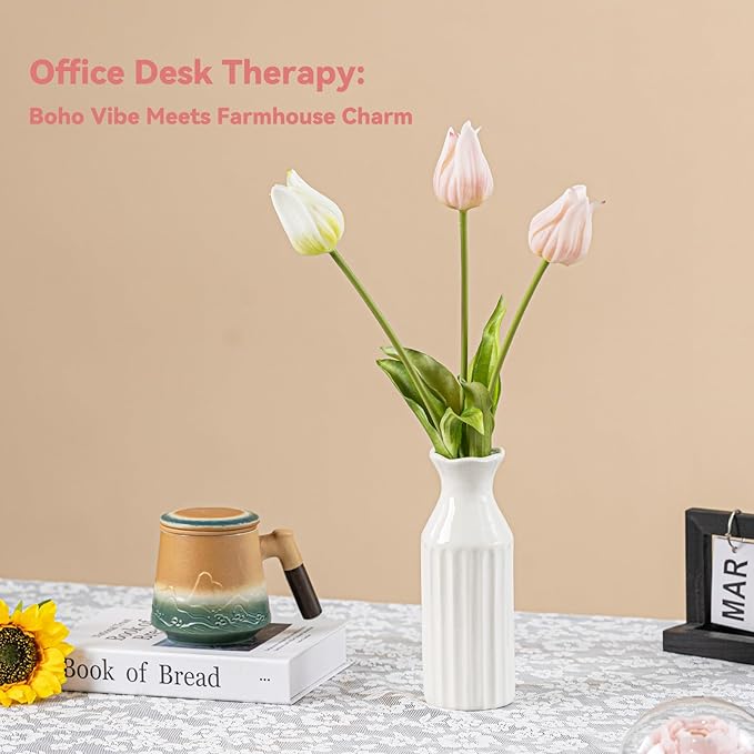 White Ceramic Vase - 8.3" Unique Flower Vase with Vertical Ribbed Texture, Decorative Boho/Farmhouse Vase for Living Room, Office Desk & Housewarming Gift (for Her/Yourself)