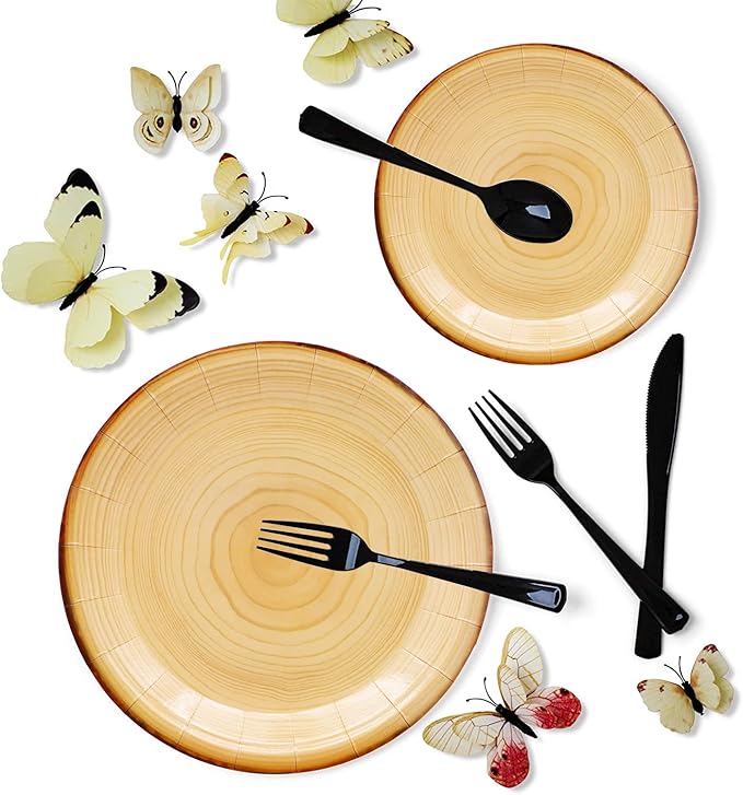 175Pcs Wood Grain Party Supplies Rustic Wood Slice Party Set 9"& 7"Wood Plates Napkins Cup Knives Forks Spoons for Camp Fire Camping Woodland Animal Lumberjack Baby Shower Birthday Party Decor Serve25