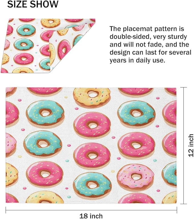 Sweet Doughnuts Placemats, Place Mats Set of 4, Heat Resistant Place Mats, Washable Table Mats for Dining Table, Non-Slip Stain Resistant Kitchen Table Placemats, Colorful Donut Pattern