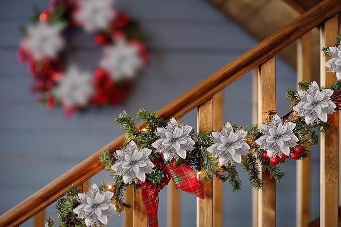 RECUTMS 10 Pcs Christmas Glitter Artificial Poinsettia Flowers 6inch Christmas Wreath Christmas Tree Flowers Ornaments Holiday Seasonal Decorations (Silver, 6inch)