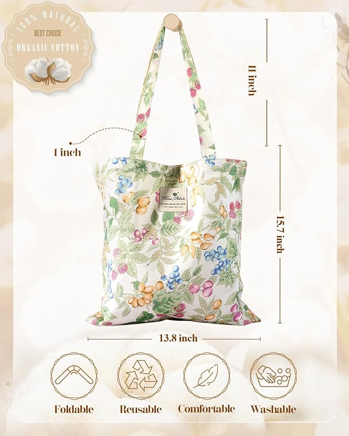 Aesthetic Cotton Tote Bag for Women - Reusable Shoulder Bag with Buckle Fabric Bag for Gym, Travel, Work