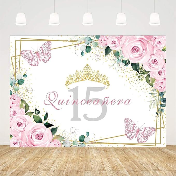 Sendy 7x5ft Quinceañera Backdrop Mis Quince 15 Anos Birthday Party Decorations Supplies for Girl Princess Pink Floral Butterfly Gold Crown Photography Background Banner Photo Booth Studio Props