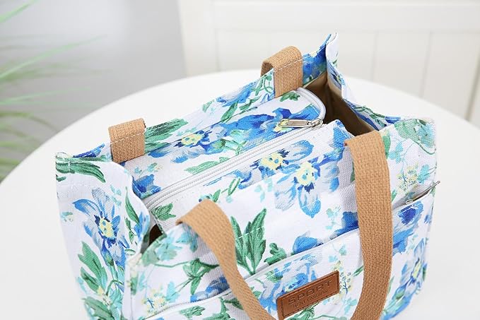 Dreubea Women's Floral Print Canvas Tote Bag - Small Reusable Shopping Handbag for Groceries, Takeout, Eco-Friendly Purse