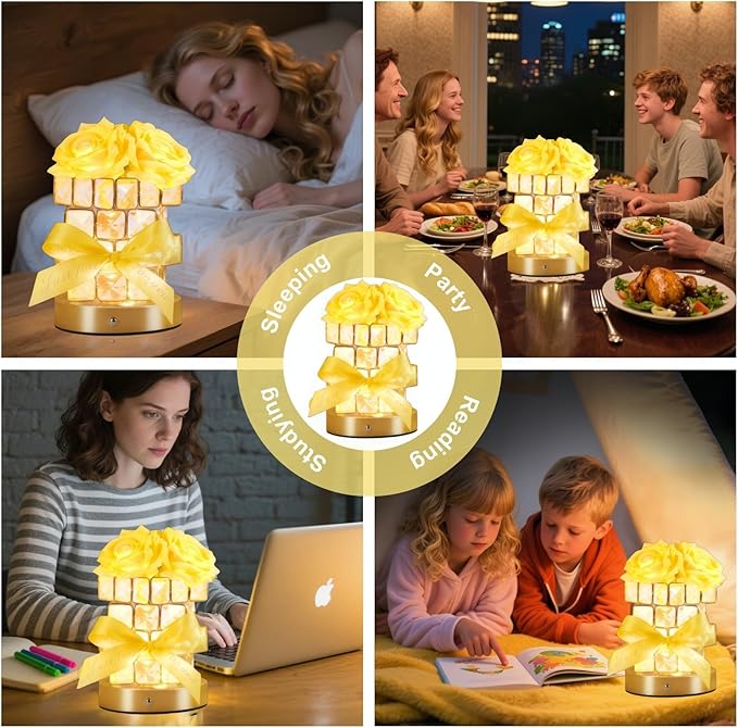 Christmas Gifts for Woman, Touch Crystal Rose Lamp, Elegant Flower lamps, Yellow Roses Crystal Lights Base, Yellow Nightlight, Gifts for Her, Mom, Wife, Girlfriend, Valentines, Birthday Gifts
