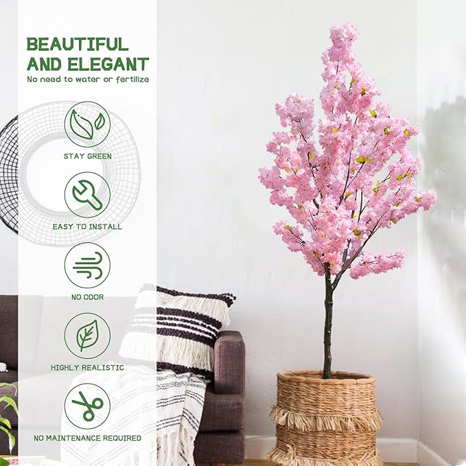 Artificial Cherry Blossom Tree - 6ft Realistic Potted Silk Pink Plant for Home Indoor Outdoor Decor, Spring Weddings