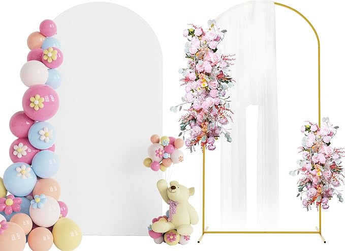 Putros 7.2ft Metal Arch Stand with Cover White Spandex Fitted Wedding Arch Cover and Round Top Chiara Backdrop Stand Set for Birthday Party Baby Shower Decoration