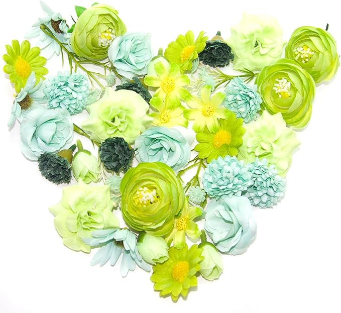 Featuman Green Artificial Flowers Heads for Decoration, 40 Pcs Faux Daisy Baby's Breath Fake Rose Small Flowers, Faux Flowers Head Fabric Flower for Crafts, Birthday, Hair Cap Dress Decoration