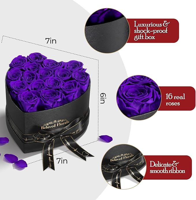 16 Preserved Flowers Rose Birthday Gifts for Women Her Mom Wife Girlfriend Grandma on Valentines Mothers Day Christmas Anniversary Romantic(Purple)