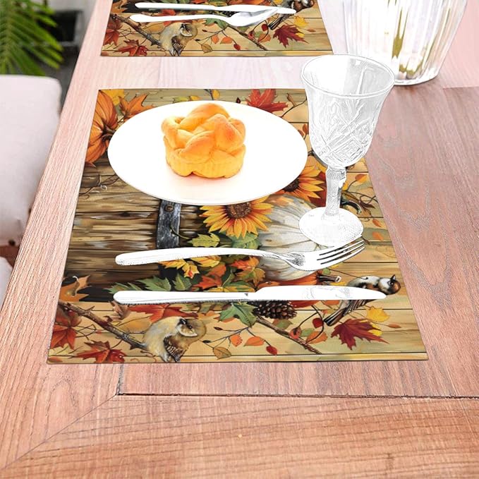 PVC Placemats Set of 1 Wipeable Table Mats Washable Heat Resistant Non Slip Vinyl Dining Table Mat for Kitchen Indoor Outdoor Patio Farmhouse Place Mats Retro Wooden Fall Bird Decorative